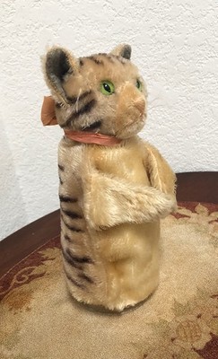  vintage Steiff Mohair Grey Tabby Cat Bow & Button