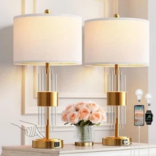 QiMH Table Lamp for Living Room with USB A+C Ports, Gold Bedside Lamps for Be...
