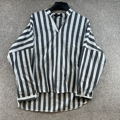 Zanzea Women's Blouse Size 5XL White Gray Striped Long Sleeve Collared V-Neck