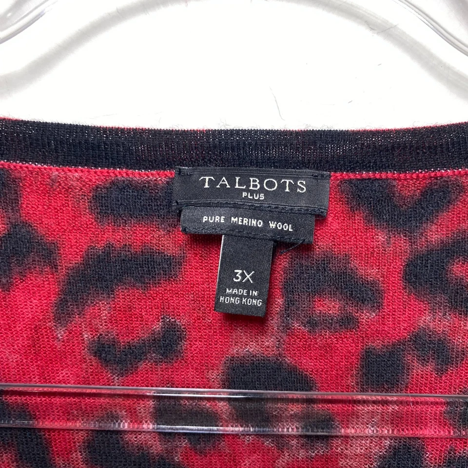 Cárdigan Suéter Talbots 100% Lana Merino Fiesta Vacaciones 3X Rojo Negro Leopardo Foto 4 de 4