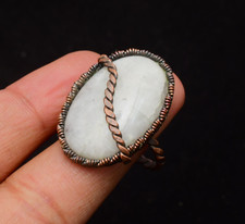 Rainbow Moonstone Gemstone Copper Wire Wrapped Handmade Jewelry Ring Size 9