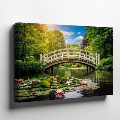 Serene Garden Bridge Over Pond with Water Lilies Canvas Wall Art Nature Print
