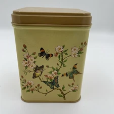 JL Clark Metal Tin Canister Square Yellow Floral Butterfly Trinket Jewelry Candy