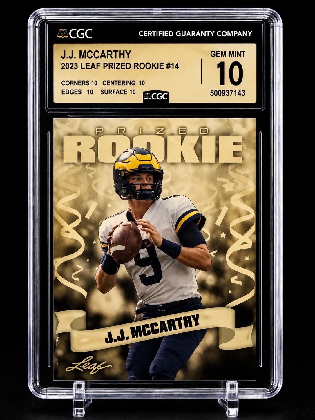 Leaf 2023 Prized Rookie J.J. McCarthy #14 RC Michigan Wolverines CGC 10