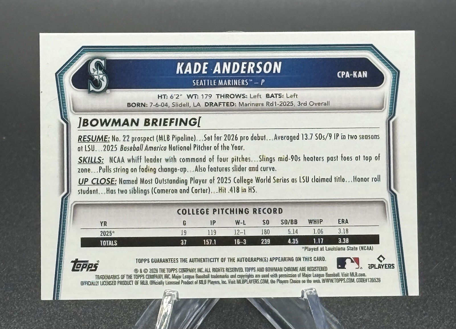 2026 Bowman Chrome Kade Anderson Auto #CPA-KAN Aqua Refractor /125 Mariners LSU view 2