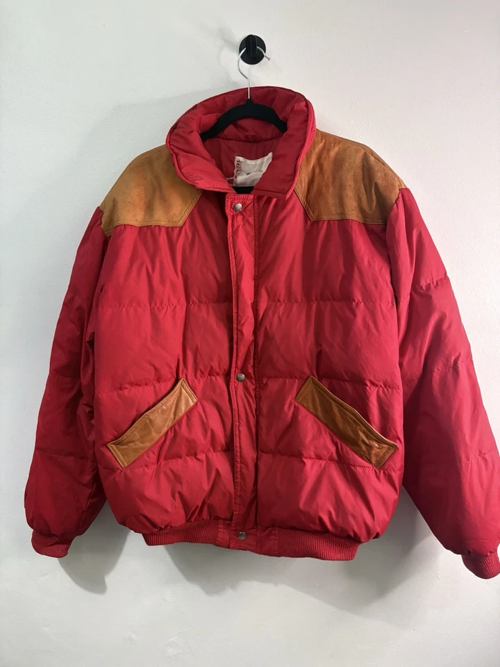 Vintage 80s/90s Red Heavy Puffer JacketGenuine Suede Western Panels L - Image 1 of 2