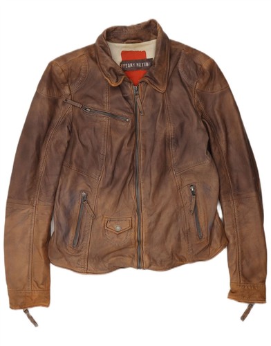 Freaky Nation Womens Leather Biker Jacket UK 14 Medium Brown EA06