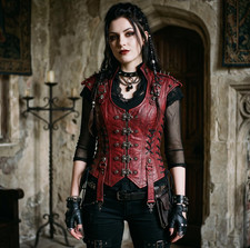 Gothic sheep Leather Corset Vest Women's Red Steampunk Punk Rock Top