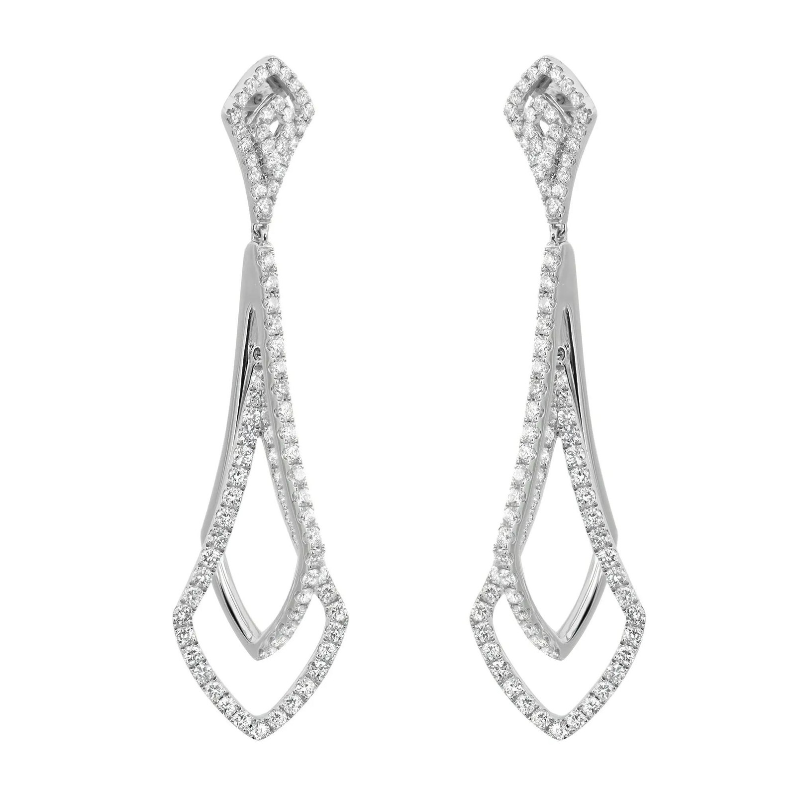 Tresorra Round Cut Diamond Long Drop Earrings 18K White Gold 3.60Cttw