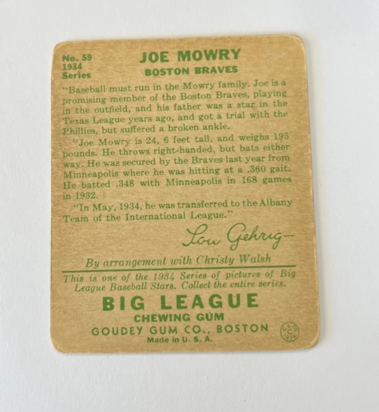 1934 Goudey Big League Chewing Gum #59 Joe Mowry (RC) - Image 2 of 2