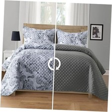 3-Piece Boho Paisley Floral Patchwork Reversible Quilt - Soft King Gray