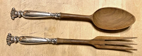 Wallace Romance Of The Sea Sterling Silver/Wood Salad Spoon Fork Cutlery RARE