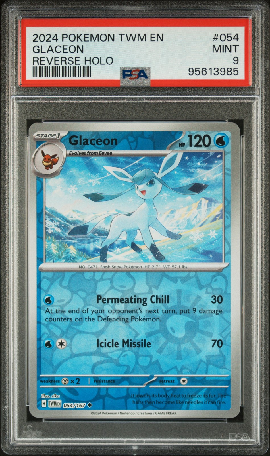 2024 POKEMON TWM EN #54 GLACEON REVERSE HOLO TWILIGHT MASQUERADE PSA 9 POP 7