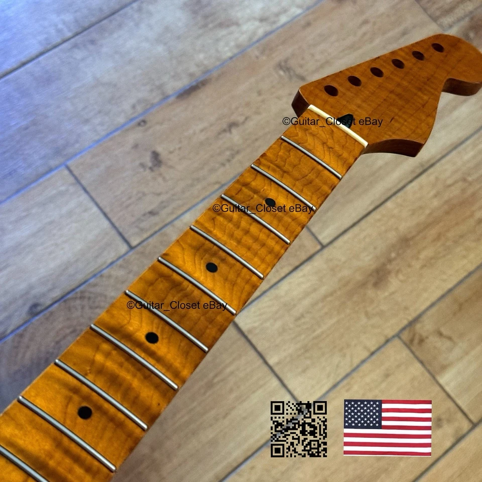 Cuello de guitarra Strat de acero inoxidable de arce con llama tostado nitro satinado se adapta a Fender SM22BL Foto 3 de 4