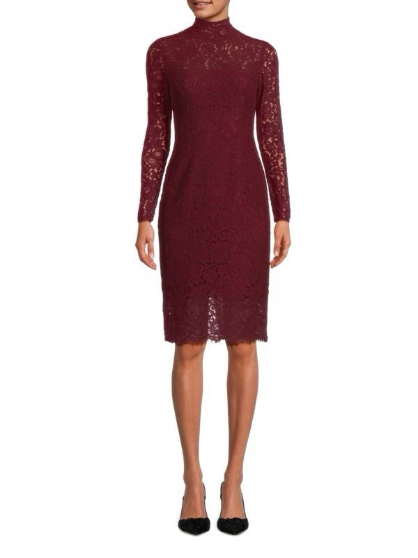 ML Monique Lhuillier dress Lace Sheath Burgundy Long Sleeve High Neck Sz 10  R81