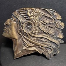 Vintage Native American Chief Headdress Belt Buckle Made in USA 3D Relief