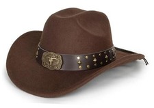 Women Men Felt Western Cowboy Hat Medium Coffee With Rivet Bull Head Belt-2