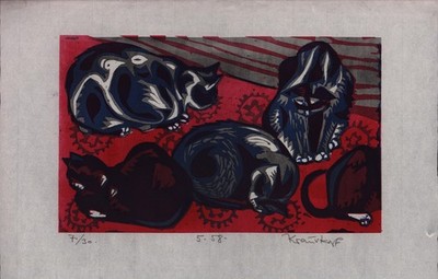 Krauskopf, Fünf Katzen. [19]58. [Signierter Original-Farblinolschnitten].
