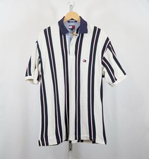 Vintage 90s Y2K Tommy Hilfiger Polo Shirt White Stripe Cotton Men's Size L