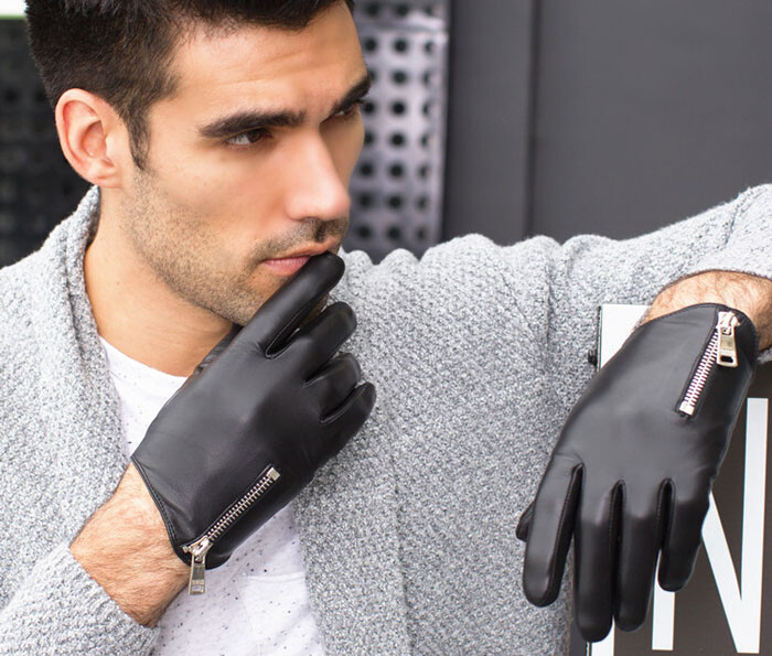 Men Side Zipper Wrist Long Best Italy Leather Motor Gloves Black