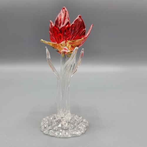 Hand Blown Handcrafted Red & Clear Glass Flower Sculpture Art Decor Figurine - Picture 4 of 8