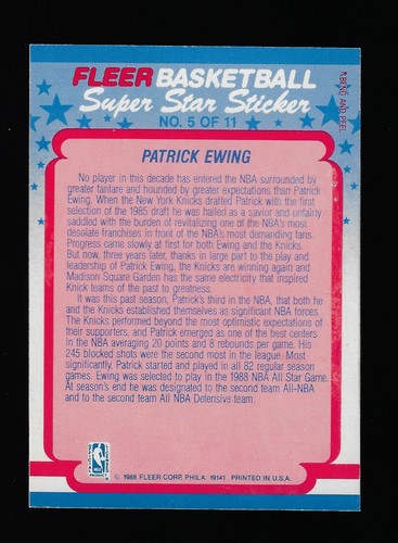 1988-89 Fleer Patrick Ewing #5 Super Star Sticker New York Knicks HOF **READ** - Picture 2 of 3