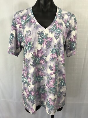 Ericka & Co Size S Purple Floral Top Shirt V-neck Ribbed Short Sleeve Comfort 
