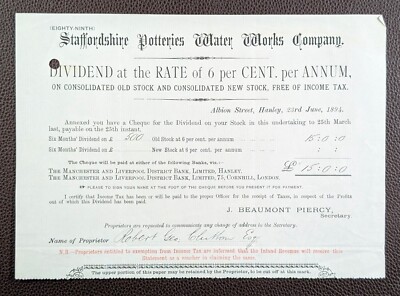 1894 Staffordshire Potteries Water Works Company Dividendenmitteilung Hanley