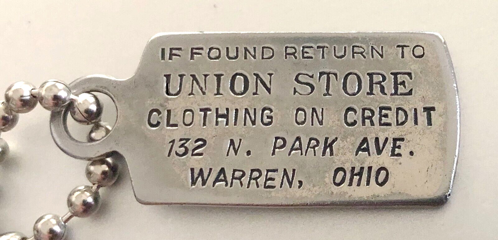 VTG Figural Charge Coin Tag: UNION STORE; Clothes; Warren Ohio; Jacket Shaped