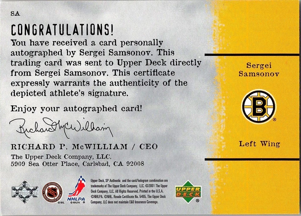 2000-01 SP Authentic Sign of the Times Sergei Samsonov Auto Boston Bruins #SA - Image 2 of 2