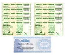 10 Zimbabwe 25 Billion Special Agro Cheque banknote 2008, P-62 USED COA
