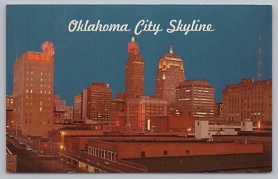 Oklahoma City Oklahoma~Skyline At Night~OG&E~Gas & Electric Bldg~Stores~1950s