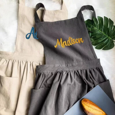 Embroidered Custom Linen Apron Personalized Kitchen Cooking Apron Mother's Gift