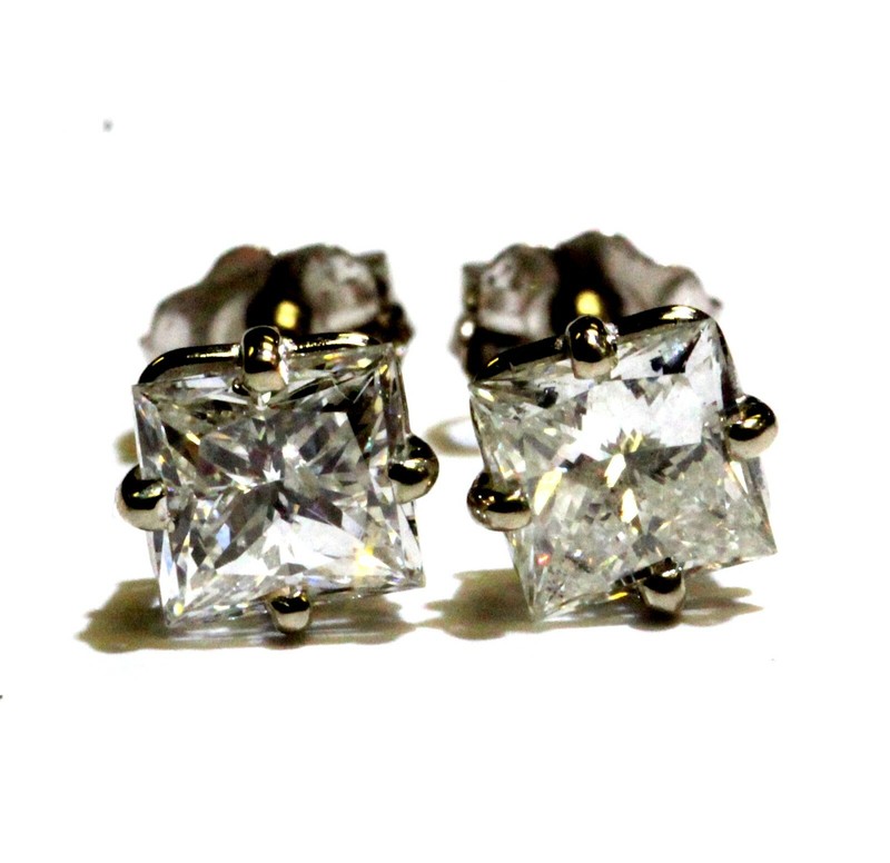 14k white gold 1.28ct SI2 I1 H clarity enhanced princess diamond stud earrings