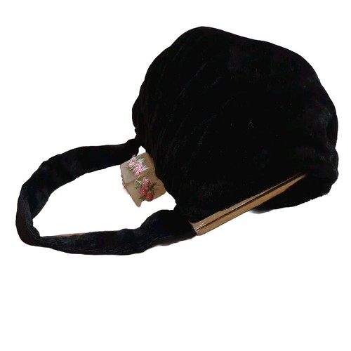 Antique Purse Lucite Clasp 1920’s Art Deco Black Crushed Velvet Flower Wristlet - Picture 7 of 24