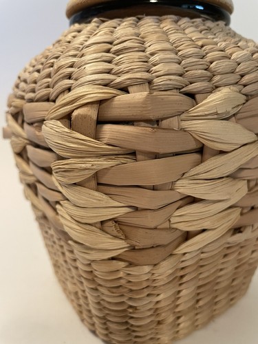 Vintage Glass Canister Rattan Woven Wicker Sweet Grass Exterior Wooden Lid 8" - Picture 9 of 13