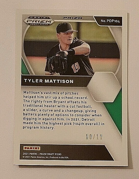 2022 Panini Prizm Red Checkered Prizm Refractor Tyler Mattison #10/11 Tigers - Image 2 of 3