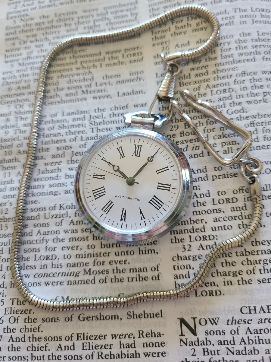 Mechanical Antimagnetic Pocket Watch Silver Tone Chain with Open
