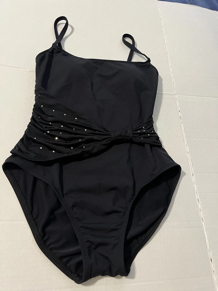La Blanca Swimsuit Black Sz 6 Island Goddess One-Piece Rhinestone Beach Gothic - Image 2 of 4