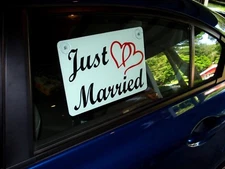 JUST MARRIED CAR WINDOW SIGN 8"X12" WITH SUCTION CUPS (2 Color) w/Hearts Wedding