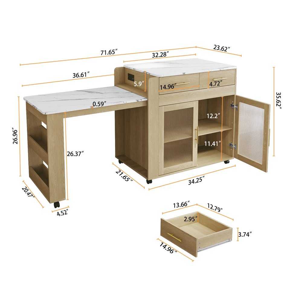 Extendable Kitchen Island on Wheel Rolling Storage Cabinet with Power Outlet - Image 3 of 4