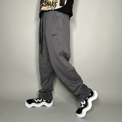 Nike Sweatpants Mens XL Dark Grey Polyester Baggy Wide Leg Black Swoosh Dri  Fit
