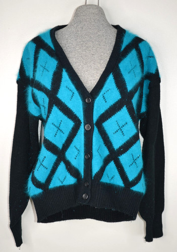 Argyle Angora Cardigan Sweater Grandpa Turquoise 80s Vtg Grandma Core Womens M