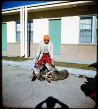 Man w/two dead deer - Stereo Realist 3D slide Kodachrome #714