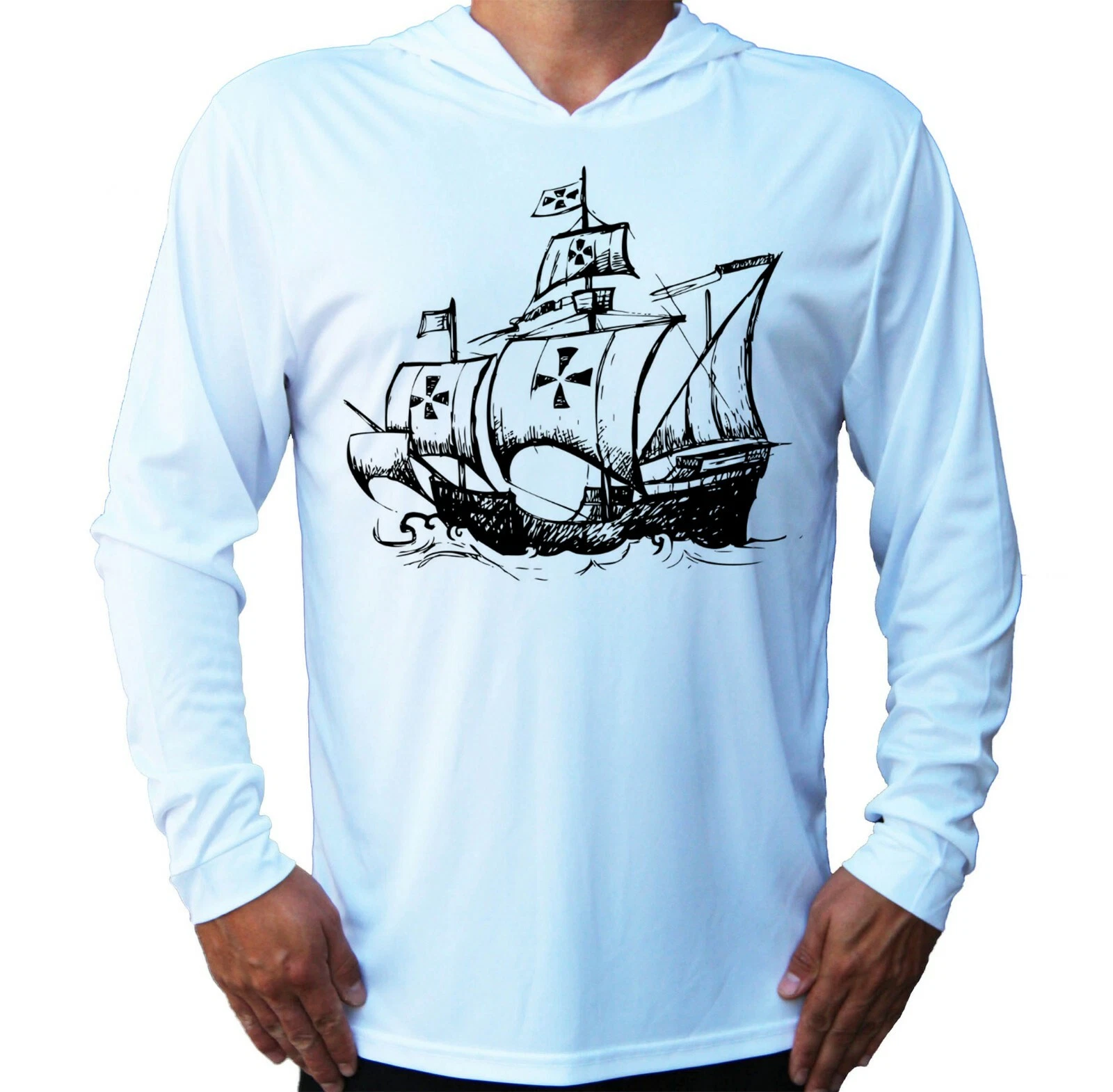 Columbus Ship Drawing Sun UV Protected UPF 50 Long Sleeve Hood Beach Fishing