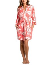 Linea Donatella Women's Printed 3/4-Sleeve Robe - Coral Orange White - S/M
