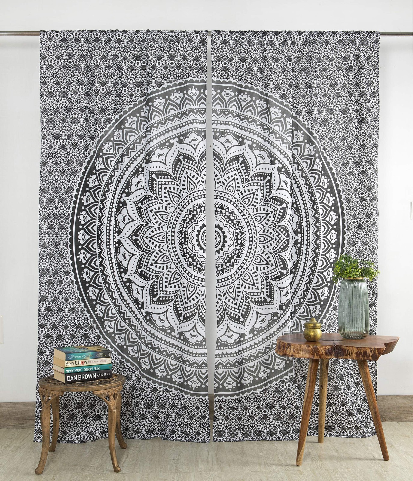 Rideaux bohèmes Mandala style indien hippie rideau ombré noir gris pour fenêtre