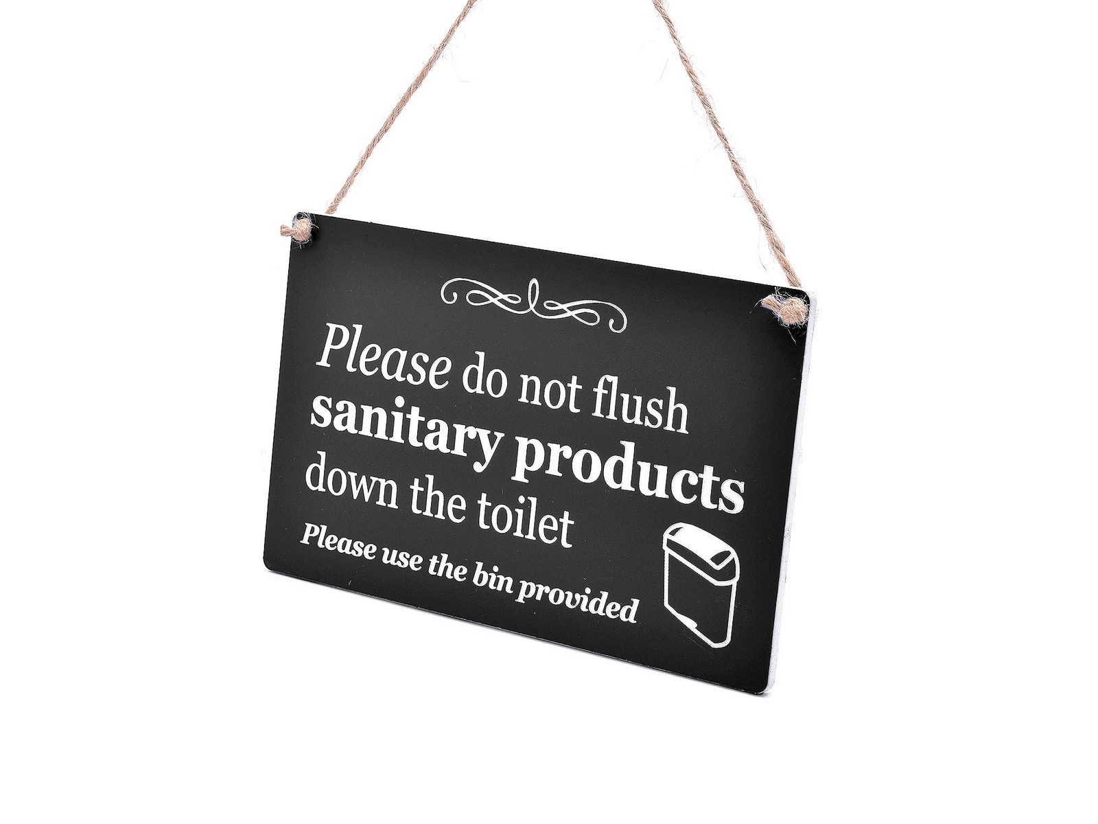 Black Hanging “Please Do Not Flush Sanitary Products” Sign – 145x90mm Waterproof
