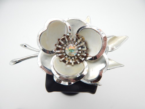 Fabuleuse broche ancienne argentée fleur aurore boréale superposée grande 3 3/4" x 2" - Photo 3/13