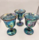 Vintage Indiana Harvest Grape Carnival Glass Goblets Lot Of 3 Blue Iridescent